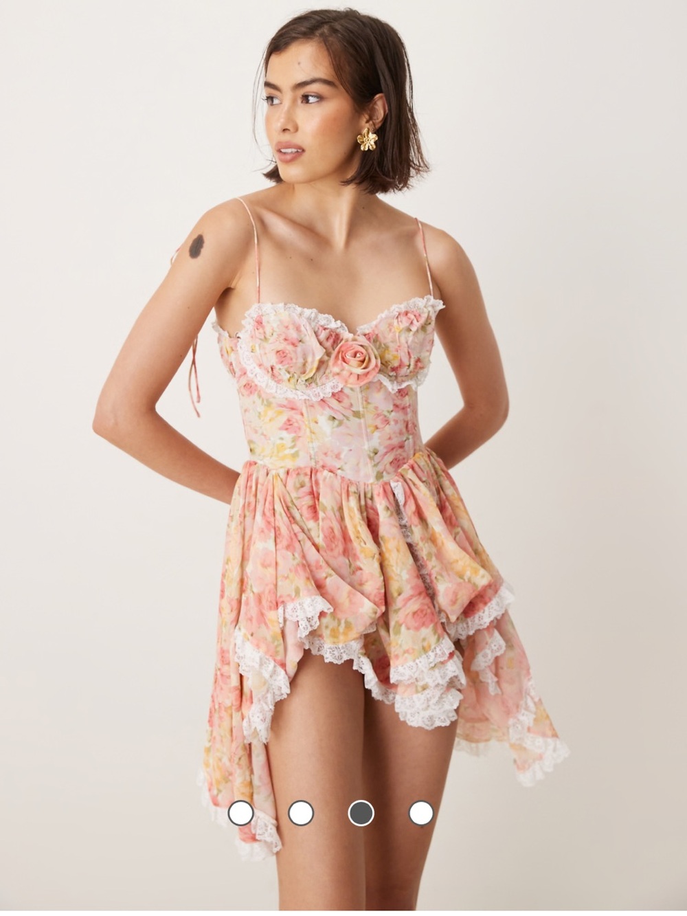 NWT For Love & Lemons Elea lace trim frill mini dress in peach floral